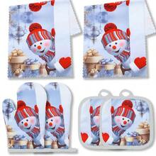 6pcs/Set Christmas Snowman Thick Kitchen Oven Mitts, Heat Resistant Pads, Microwave Gloves, Baking Insulated Gloves, Christmas Reindeer Towels, Christmas Gifts