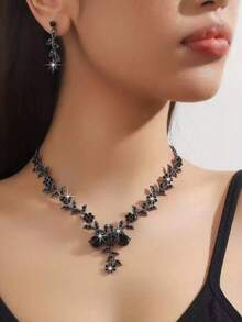 Bộ 2 món dây chuyền và bông tai hình lá và hoa đính đá, bộ trang sức sang trọng, thanh lịch dành cho nữ, thích hợp cho đám cưới và tiệc tối. - Bộ 2 hoa lá nhỏ - Xem 3