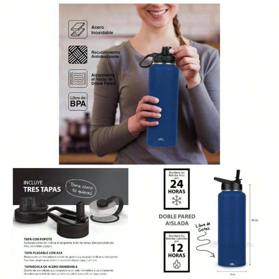 Termo de Acero Inoxidable para Agua y Caf 1200 ml 40 oz Contiene 3 Tapas para Diferentes tipos de Bebidas, para Mantener la Temperatura Deseada Rojo - Azul Navy - Ver 1