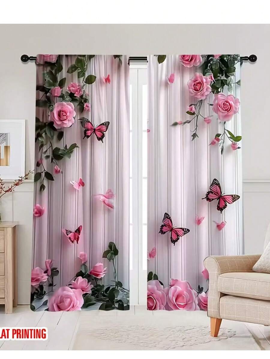 2pcs,Bright Sunflower Butterfly Pattern, 3D Digital Printing, Common In Living Room, Bedroom, Balcony And Study, Creating A Dynamic And Warm Atmosphere - Multicolor - View 1
