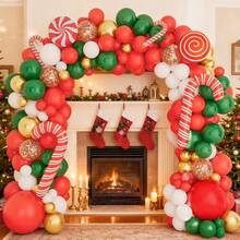 98/114pcs Christmas Balloons Garland Arch Kit, Gold Balloonswith Candy Cane Foil Balloons For Christmas Holiday Candy Theme Birthday Decorations Xmas Supplies