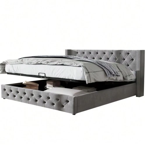 Upholstered Bed In An Ear Shape. Double Row Of Flannel Rivets, Buttoned Seams At The Head And Foot Of The Bed, Double Bed 140*200. Functional Hydraulic Bed. The Slatted Base Is Covered In Black, Stain-Resistant Fleece, Grey. - Grey - View 1