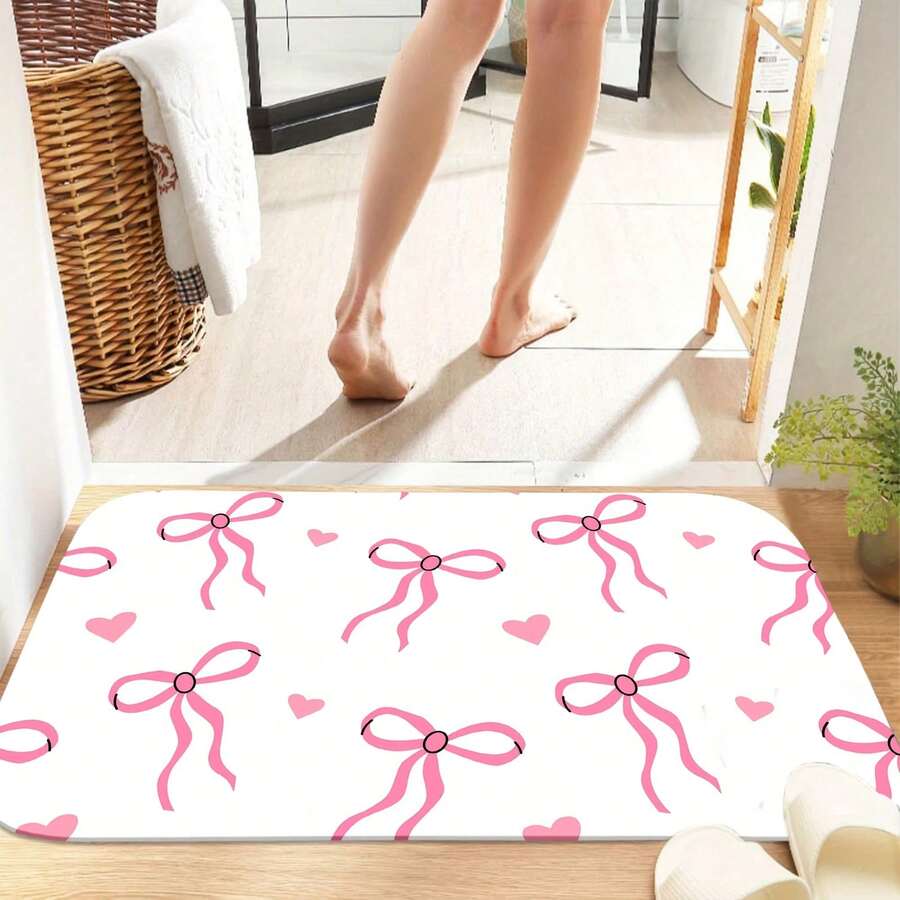 1Pc Pink Bow And Heart Pattern Bathroom Mat - Non-Slip, Quick-Drying Bathroom Mat With Soft Pink Bow And Background, Durable Rubber Backing, Machine Washable Indoor/Outdoor Rug, Suitable For Bathrooms, Bedrooms, Kitchens, And Laundry Rooms - Modern Home Decor Mat. - Nhiều màu - Xem 1