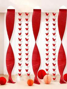 5件套情人节婚礼天花板装饰红色瓦楞纸花环，红色蜂窝球，适用于婚礼、新年派对装饰、婚房庆典墙面装饰、客厅卧室中式婚礼装饰、房间装饰