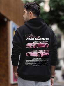 Men's Hoodie With Car English Slogan & Graphic Print, Thermal Lined, Autumn/Winter, Long Sleeve Top - Black - View 2