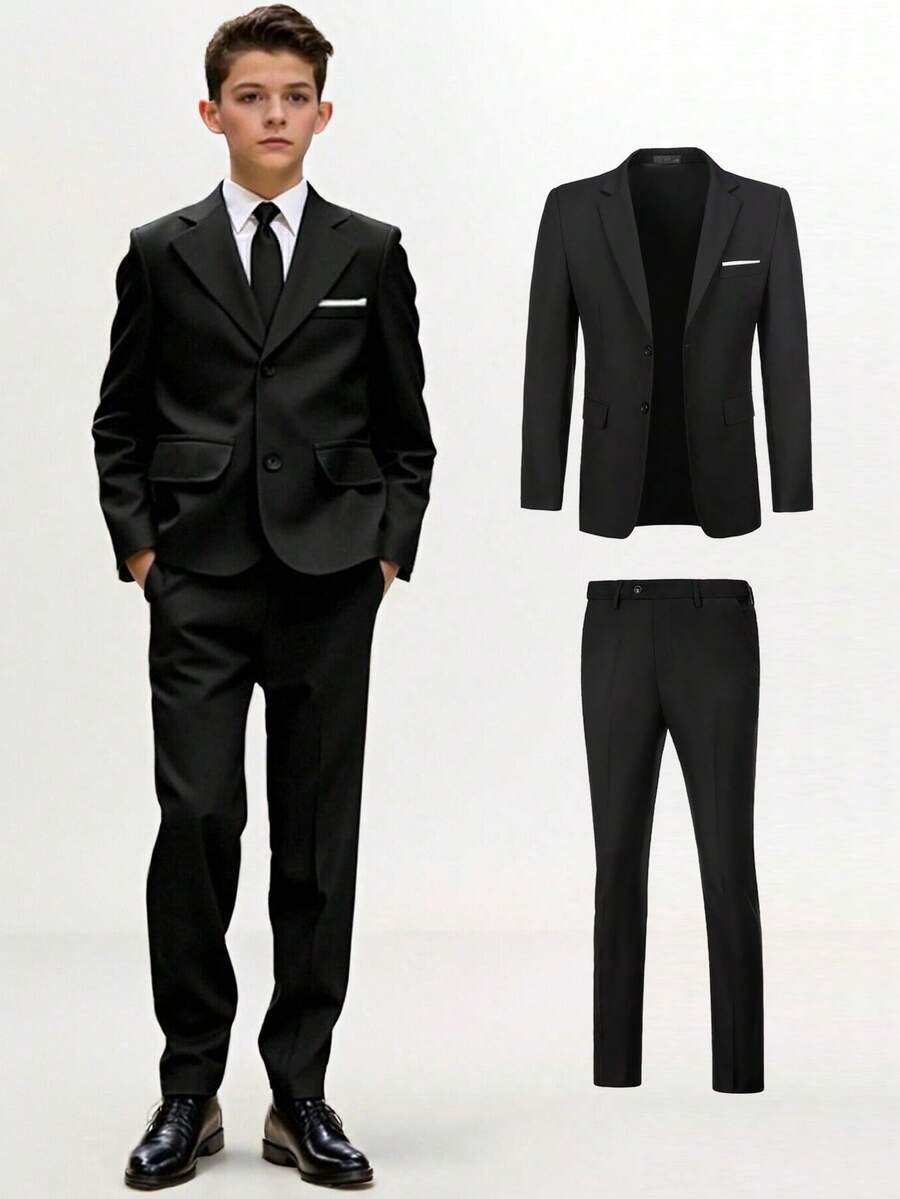 Bộ vest 2 món cho bé trai, bộ tuxedo trang trọng cho trẻ nhỏ, trang phục phù rể, áo khoác và quần vest cưới, bộ vest trang trọng cho thiếu niên, màu đen, cỡ 6-16 tuổi. - màu đen - Xem 1