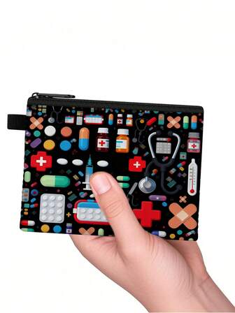 Barnens nya myntväska, liten plånbok med medicinskt tema, nyårsmyntpåse för pojkar och flickor, slitstark studentmyntpåse i slitstarkt tyg, heltäckande tryckt myntpåse i moderiktig stil, lämplig för daglig användning, resor, förvaring av mynt och kontanter, födelsedagspresent för barn, högtidspresent, nyårspresent (13,5 x 10,8 cm)