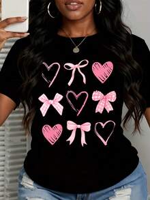 Pink Hearts And Bows Graphic T-Shirt Women Casual Summer Top Valentine's Day Cute Printed Tee Shirt - 黑色 - 查看 2