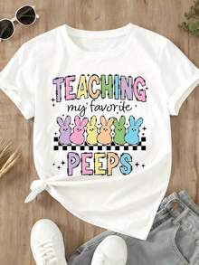 Camiseta de mujer con estampado de conejito de Pascua para enseñar, casual para primavera, ideal para maestras y celebraciones de Pascua - Blanco - Ver 3