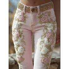 Women's Retro Pink Rose Embroidered Artistic Print Jeans With Elegant Temperament - 粉色 - 查看 1