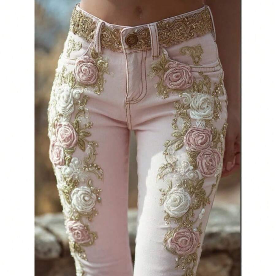 Women's Retro Pink Rose Embroidered Artistic Print Jeans With Elegant Temperament - 粉色 - 查看 1