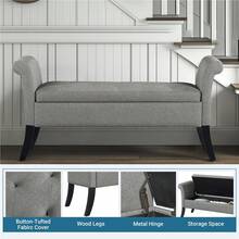 Butterslay 1pc Modern Tufted Storage Bench With Rubebr Wood Legs, Fabric Shoes Stool With Rolled Arms, For Entryway, Shop, Bar - Light Gray - View 3