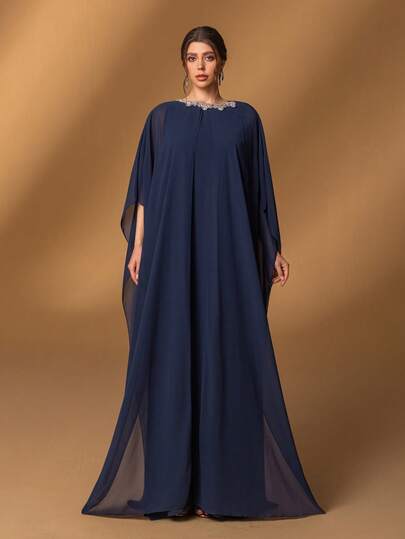 Faeriesty Mosy Elegant Round-Neck Cape-Sleeve Straight-Cut Formal Bridal Mother Dress Gown For Formal Galas, Evening Balls, Wedding Ceremonies, Black-Tie Events, And Grand Receptions