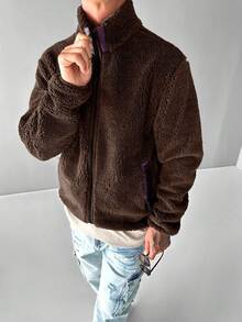 男士 Old Money 立领加厚长袖夹克 - 咖啡棕 - 查看 2
