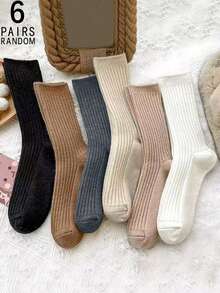 6 pares de calcetines de media caña para mujer, de estilo simple con rayas verticales sólidas y gruesas, cálidos y transpirables, para otoño/invierno
