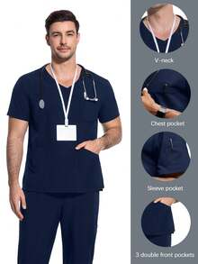 cimmuovere 男士短袖多口袋纯色工作服上衣，护士工作服，牙医保健服，宠物医院，实验室，男士制服，医用制服