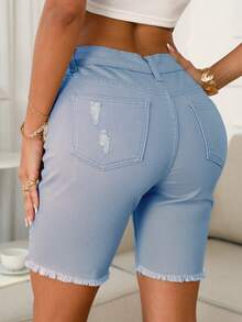 Women's Summer Solid Color Mid-Waisted Ripped Denim Shorts - Rửa nhẹ - Xem 7