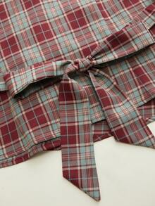 Women's Plaid Collar Puff Sleeve Tie-Up Button Front Blouse