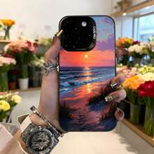 Funda para iPhone con diseño de puesta de sol en la playa color rosa y naranja estampado paisaje marino para uso diario y ocasiones especiales Aplicable a los teléfonos de la serie Apple y Galaxy - Negro - Ver 1
