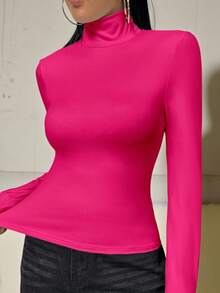 Camiseta de manga larga de cuello alto de unicolor y ajuste ceñido para mujer, adecuada para primavera/otoño/invierno de uso casual - Rosa Fucsia - Ver 3