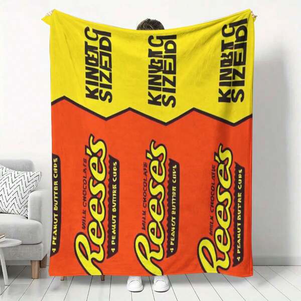GEL HUT MUN 1pc Reese Swiss Milk Chocolate Peanut Butter Cup Design Soft Flannel Blanket, Vibrant Yellow & Black, Comfortable Gift For Friends, Family, Office, Camping, Travel - Great For Sofa, Bed Or On-The-Go, Camping Accessory, Novelty Design, Plush Texture, Pink Christmas, Christmas Decor Blanket, Personalized Blanket Gift For Boyfriend, Christmas Gift