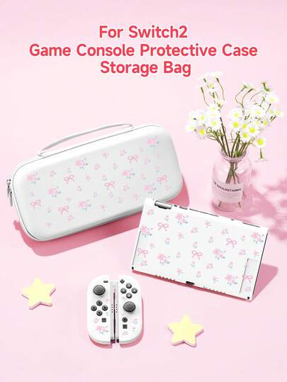 Cute Pink Floral Pattern Compatible Accessories Set For Switch2 (2025)/Switch NS/Switch OLED, Including Game Console Protective Case/Controller Cover/Storage Bag, TPU Soft Shell, Stylish & Practical, Portable Stand, Shockproof, Scratch-Resistant, Anti-Fouling, Fashionable & Romantic Gift