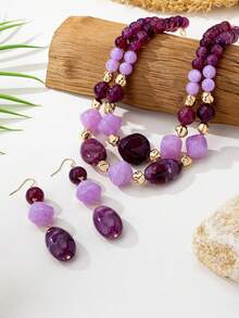 3pcs/Set Fashionable High-End Asymmetrical Geometric Acrylic Beads Chain Necklace & Earrings Set, Suitable For Women's Daily And Party Outfits - Purple - View 6