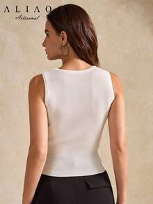 新款优雅通勤水钻装饰无袖针织上衣，女士秋冬款 - 白色 - 查看 7