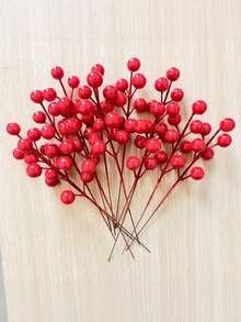 Conjunto de 5 frutinhas vermelhas realistas, frutas vermelhas de arame para decoração de Natal, enfeites para árvore de Natal, decoração natalina, decoração de Ano Novo Chinês, plantas artificiais, frutinhas vermelhas realistas - Vermelho - Ver 4