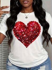 Women White T Shirt Red Sequin Heart Design Sparkly Valentine Top Casual Fashion Shimmer Heart Print Crewneck Tee - 白色 - 查看 2