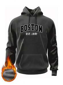 Men's Boston Letter Print Casual Hooded Sweatshirt, Back To School, Autumn/Winter, Long Sleeve Top - Dark Grey - View 3