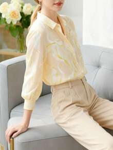 优雅女士长袖印花法式衬衫，纽扣开合，衬衫领设计，通勤上衣 - 淡黃色 - 查看 5