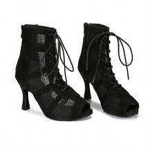 1 Pair Black Velvet + Mesh Sexy Fashion High Lace-Up Latin Dance Boots - Black - View 3