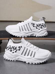 Women Knit Lace-Up Chunky Sneakers Letter Print Casual Walking Shoes - White - View 2