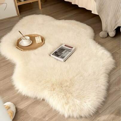 1pc Soft & Fluffy Plush Floor Mat, Beige, Suitable For Bedroom, Living Room, Study, Office, Foyer, Can Be Used As Floor Pad, Comfortable & Warm, Washable & Non-Slip, Cute Design, Suitable For All Seasons, Excellent Home Decor, Minimalist Luxurious Living Room Carpet, Asymmetrical Shape, Can Be Used As Bedroom Rug Or Bedside Rug.