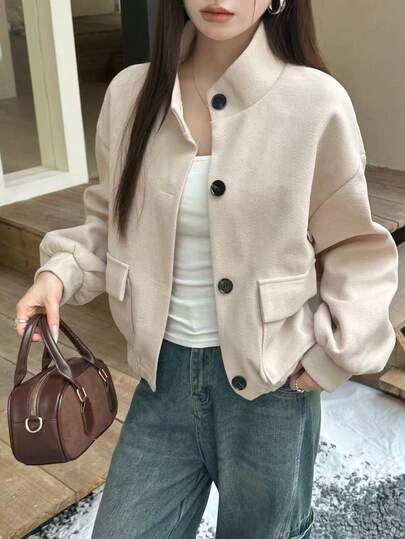 Plus Size Women Casual Apricot Stand Collar Jacket, Women Casual Outdoor Hem Cinched Jacket, Solid Woven Fabric Pockets Front Button Closure, Suitable For Daily, Travel, Airport Wear, Autumn/Winter