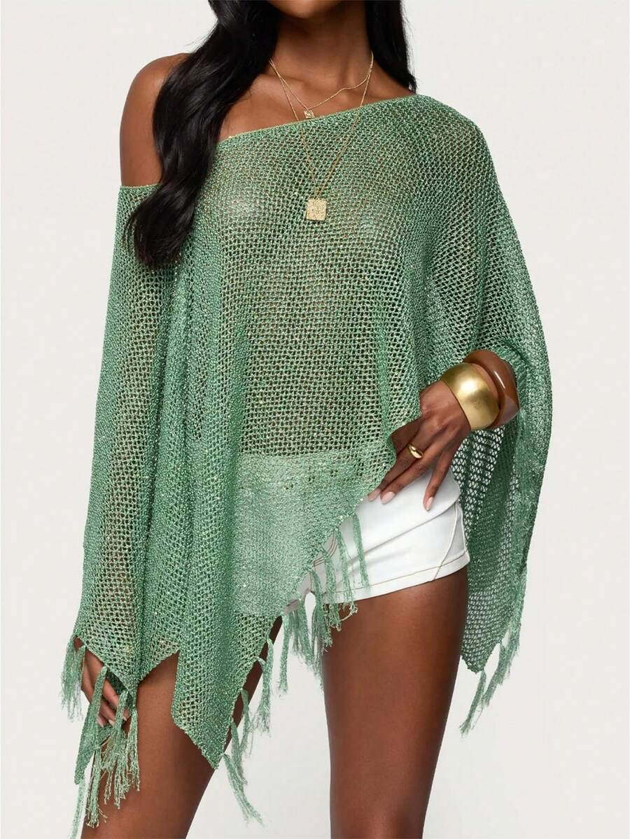 Womens Batwing Sleeve Asymmetrical Sparkly Glitter Poncho Top Crochet Hollow Out See Through Shrug Shawl Summer Beach Cover Ups With Tassel - màu xanh lá - Xem 1