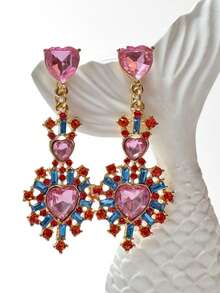 Rhinestone Heart Drop Earrings Valentines - Red - View 10