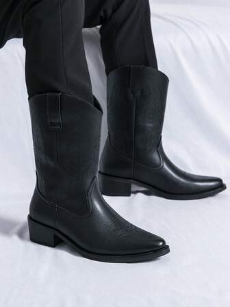 Botas vaqueras occidentales negras, de cuero brillante de estilo clásico de alta caña con relieve, adecuadas para atuendos vintage diarios, viajes al aire reuniones con temática vaquera, botas vaqueras personalizadas, cómodas y versátiles botas llamativas