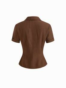 Camisa feminina com gola e botões - Castanho Café - Ver 6