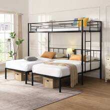 Twin Over Twin Over Twin Bunk Bed ,Triple Bunk Bed With A Vertical Ladder, Metal Frame Bunk Bed With Safety Rail, Twin Over Twin Over Twin Triple Bunk - White + Metal - View 1