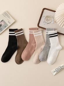 6 Pairs Stripe Design Mid-Calf Socks,Business Casual,With Elastic Band, Soft And Comfortable, Suitable For Daily Wear
