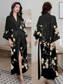 Retro Loose Mid-Length New Chinese Style Fashion Elegant Floral Print Kimono Cover Up, Casual Home Tie-Waist Robe, Summer Beach Swimsuit Cover-Up, Lightweight Jacket - Black - View 5