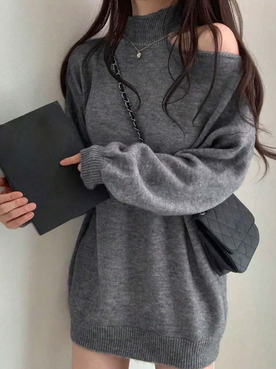 时尚露肩高领毛衣，宽松版型外套 - 灰色 - 查看 1