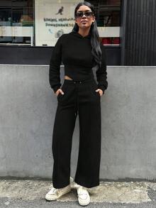 2件套纯色连帽鱼骨抽绳卫衣和运动裤，黑色，春季款 - 黑色 - 查看 4
