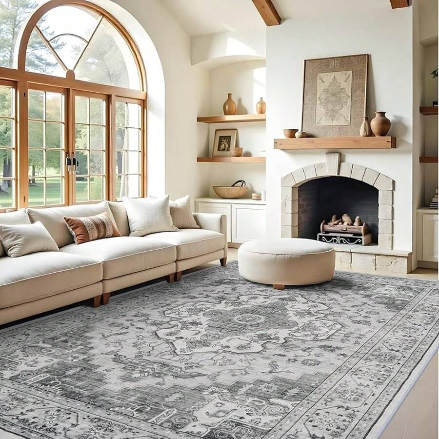 9x12 Area Rugs Living Room - Large Boho Stain-Resistant Rugs With Non-Slip Backing, Vintage Design Bedroom, Beige/Brown, Home Decor Floor - Grey White - View 1