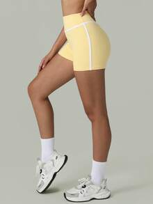 女士高腰撞色条纹瑜伽短裤，适合举重、训练和跑步 - 黃色 - 查看 5