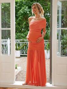 纯色荷叶边不对称/不对称正式晚礼服孕妇装，孕妇写真春季穿搭 - 亮橙色 - 查看 3