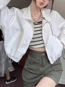 Chaqueta con cuello alto y protección solar para mujer Chaqueta deportiva corta de manga larga con cremallera y cordón ajustable para el verano Chaqueta corta y ligera para mujer Prenda exterior versátil, transpirable y con protección UV para el verano, recién llegada Prenda con cuello alto y protección solar - Blanco - Ver 5