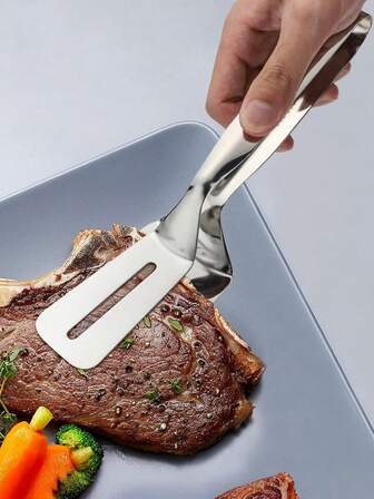 Stainless Steel Barbecue Tongs Multipurpose Steak Clamp Grilling Turner Spatula With Drain Slot – Kitchen Utensil Suitable For Food Contact, 1-Pack